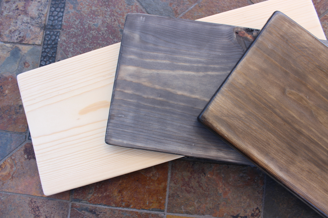 three phases of project: bare wood, wood with oxidation solution, wood with polyurethane finish