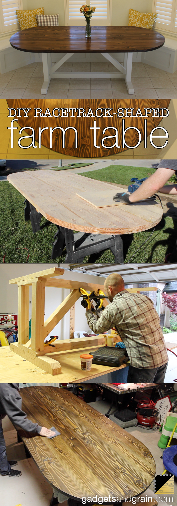 storyboard of steps to build a racetrack-shaped dining table