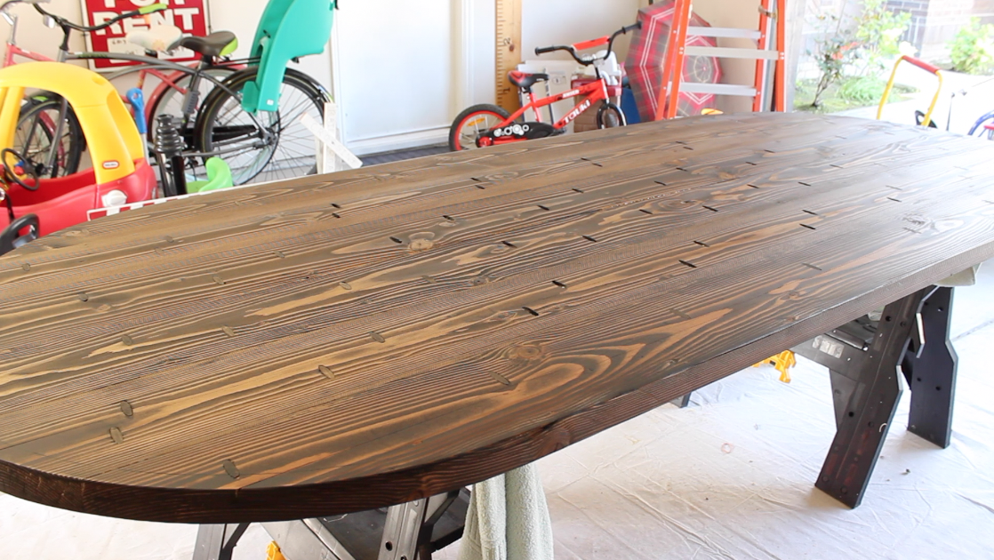 table top with finished walnut-colored stain