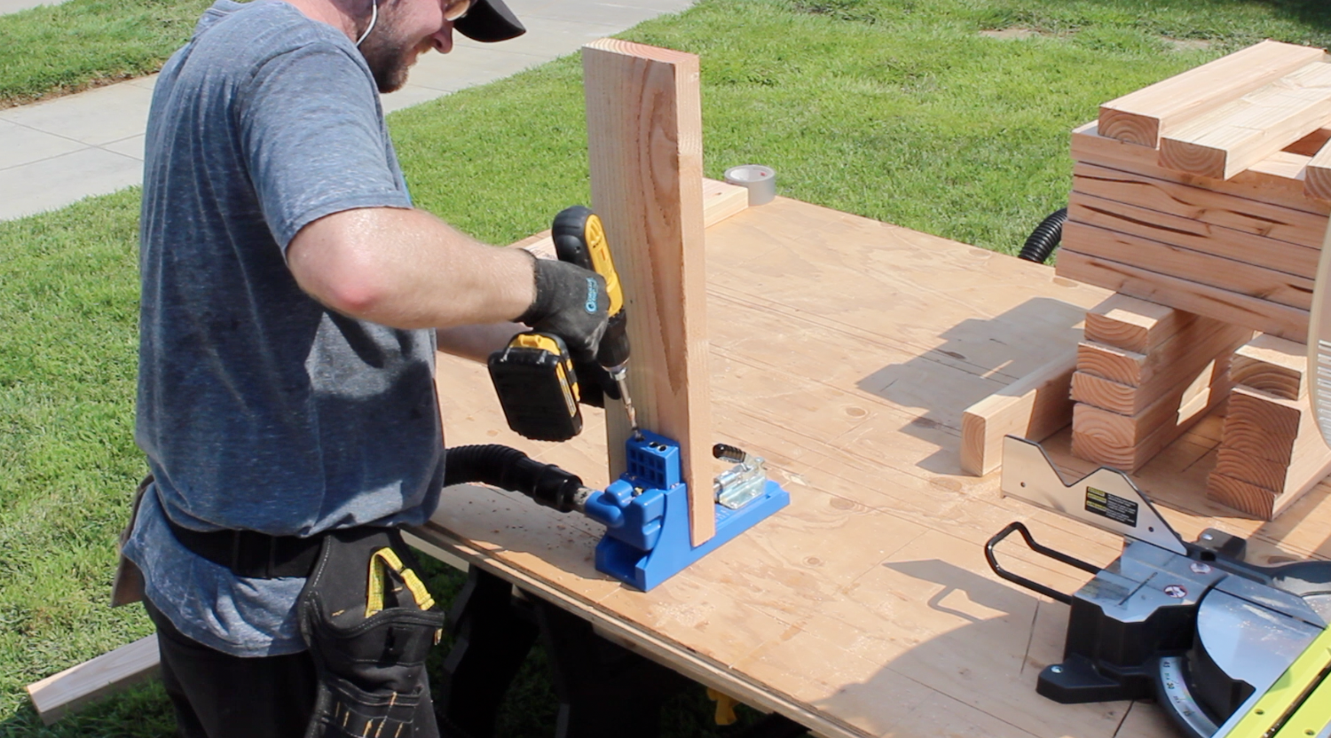Drilling pocket holes for workbench joints