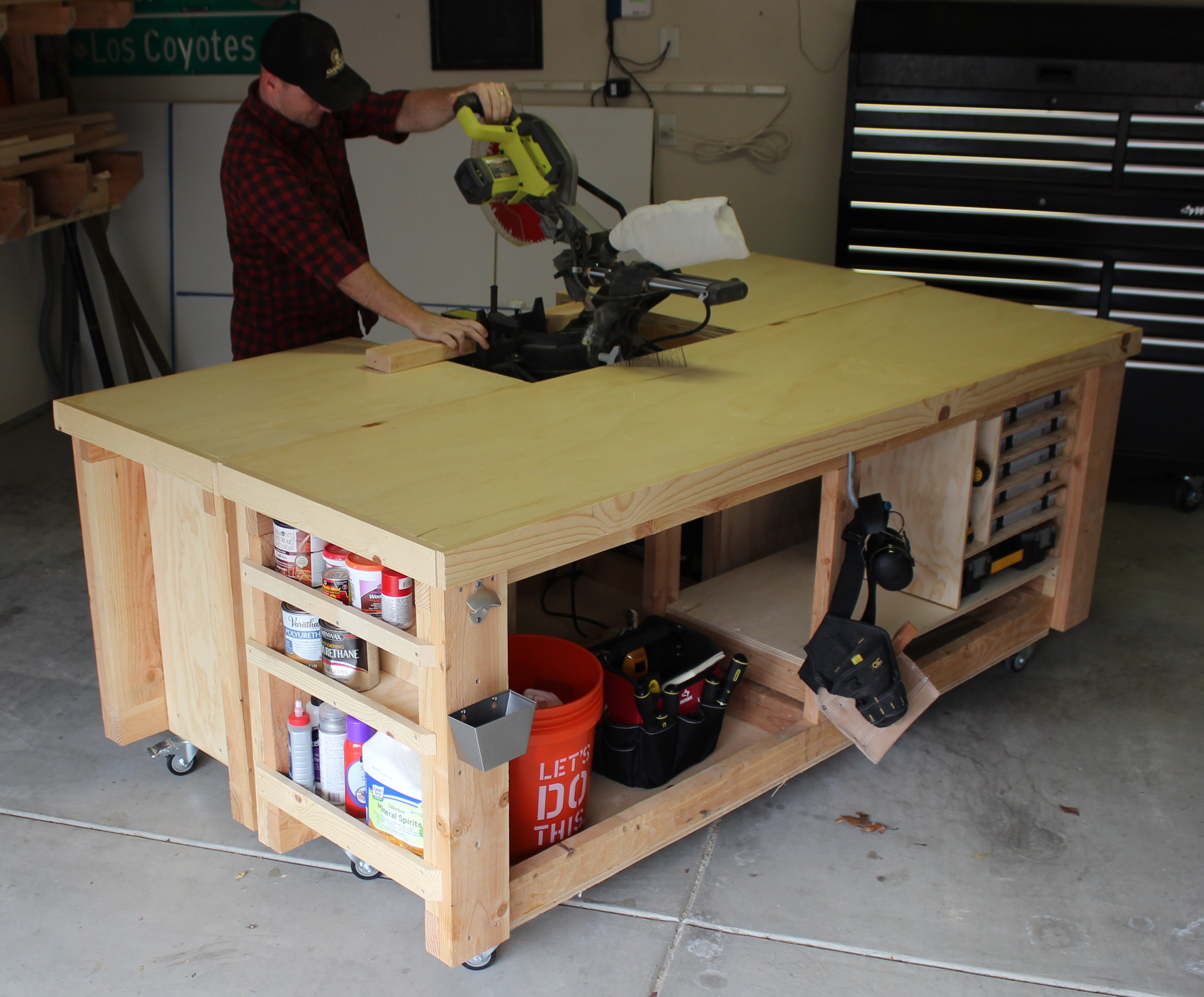 using miter saw in the workbench