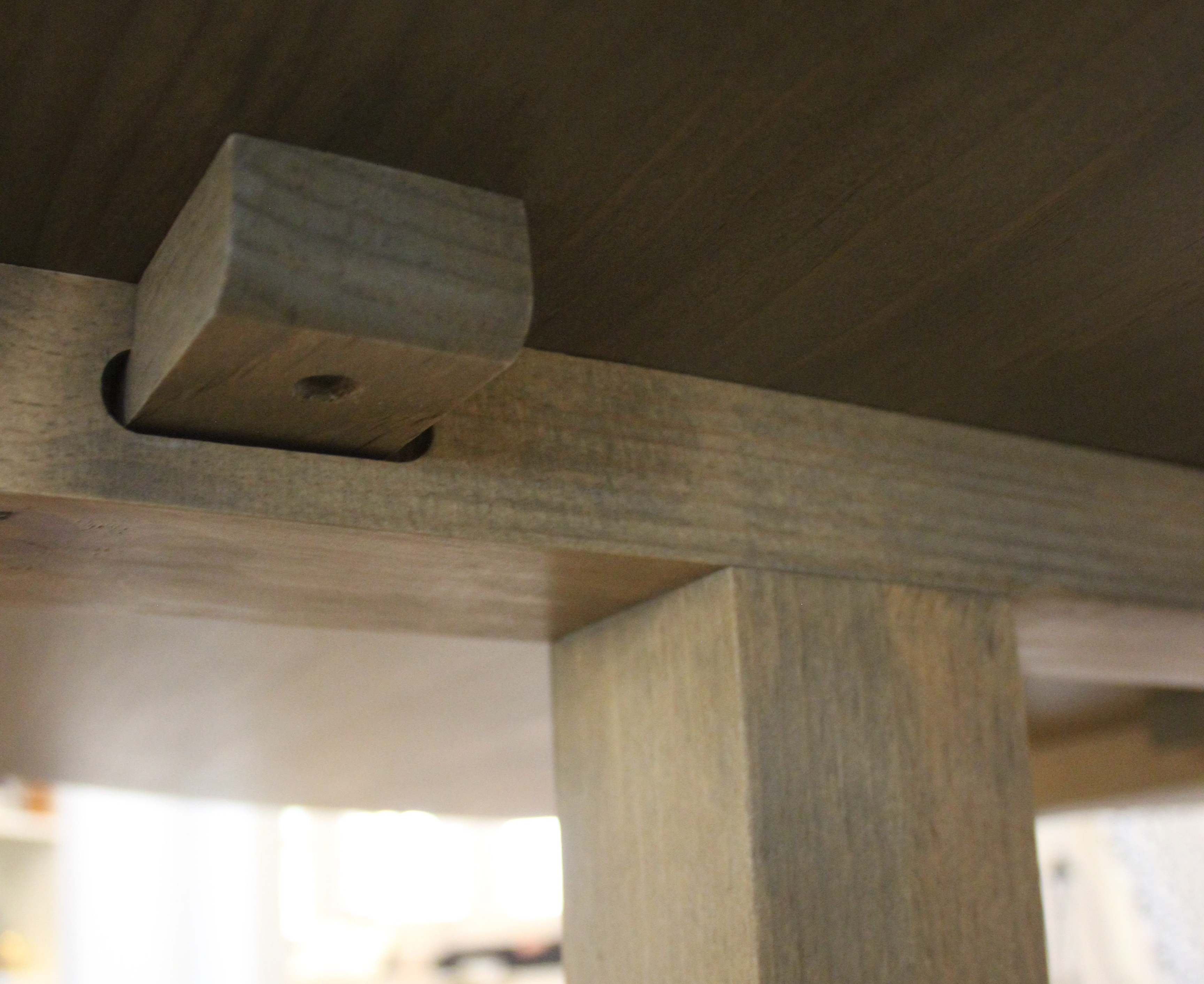 wood fastener holding the table top to the frame